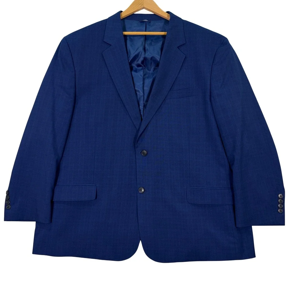 NEW GS Perfect Fit Mens 52R Blue Plaid Blazer Two Button Stretch Suit Jacket